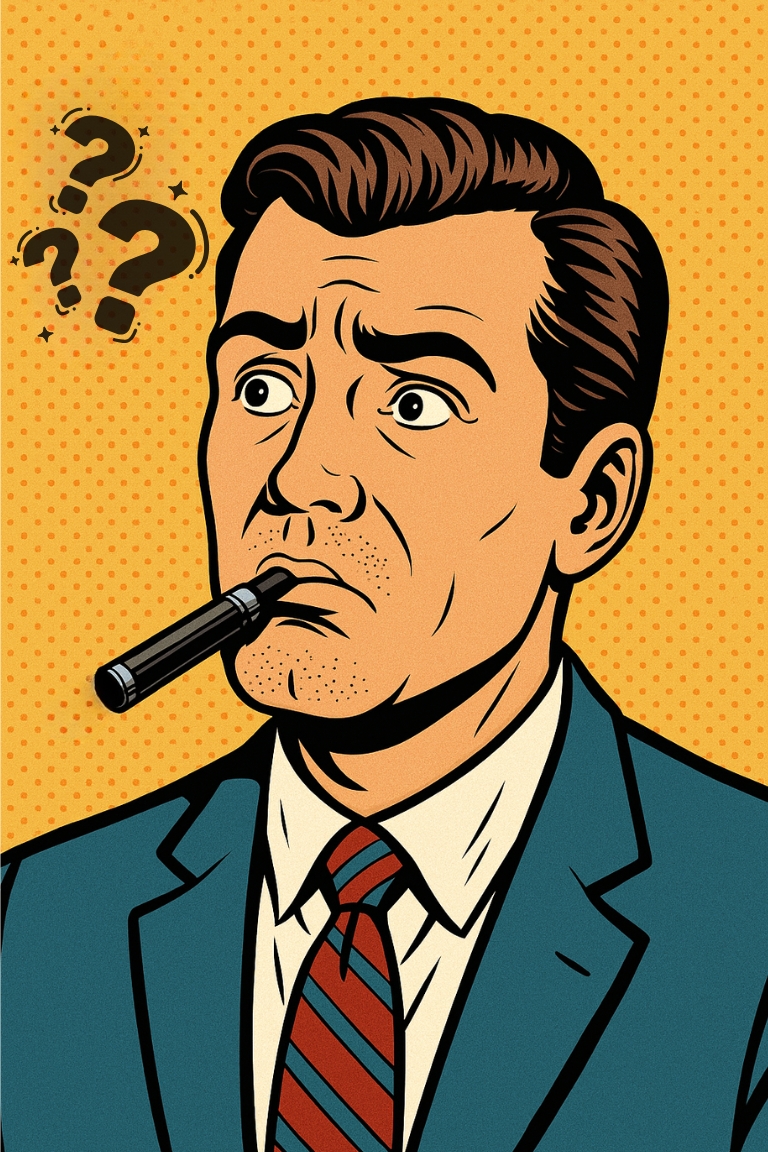 Homme confus en style comic book rétro, avec une cigarette électronique dans la bouche comme une cigarette traditionnelle.