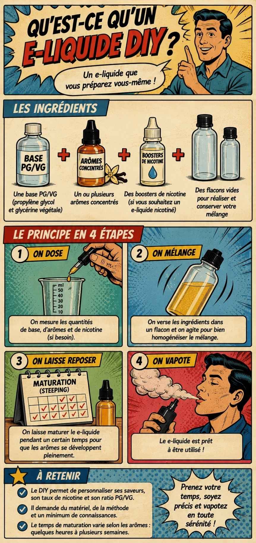 Infographie expliquant les ingrédients et les principales étapes pour fabriquer un e-liquide DIY : base PG/VG, arômes, boosters de nicotine, mélange et maturation.