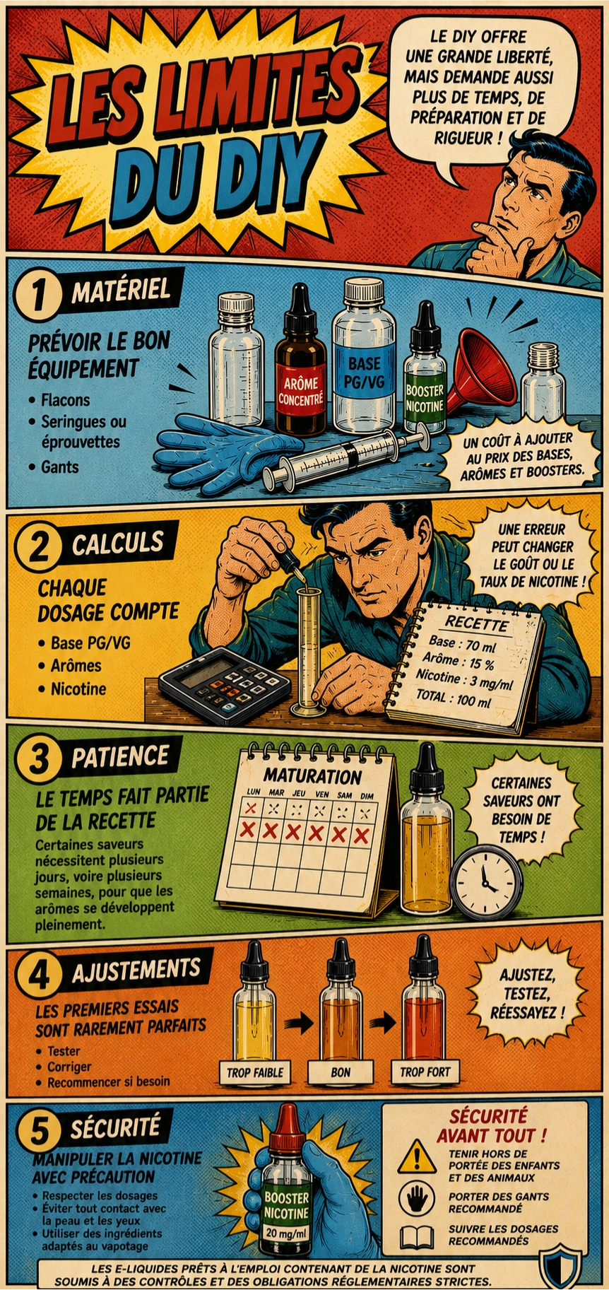 Infographie présentant les principales limites du DIY e-liquide : matériel nécessaire, calculs de dosage, temps de maturation, ajustements des recettes et précautions de sécurité.
