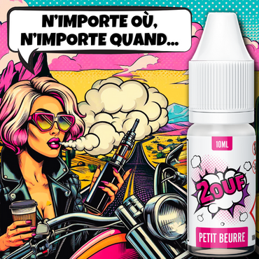 La Statue de la Liberté tenant une cigarette électronique et un pod. Derrière, le drapeau américain. À droite, une bouteille de e-liquide '2OUF' USA. Une bulle sortant de la statue dit 'LA LIBERTÉ À CHAQUE BOUFFEE!'