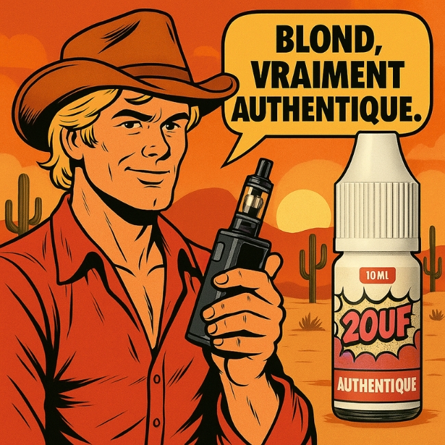 Illustration pop art d’un cowboy blond avec une e-cigarette et un flacon de e-liquide 2OUF Authentique, avec la bulle « Blond, vraiment Authentique ».