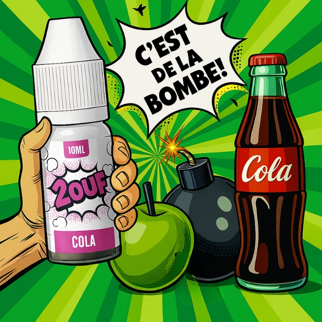 image d'une bouteille de cola une pomme et une bombe avec une main qui tient un e-liquide 2ouf cola pomme, une bulle affiche 'c'est la bombe'