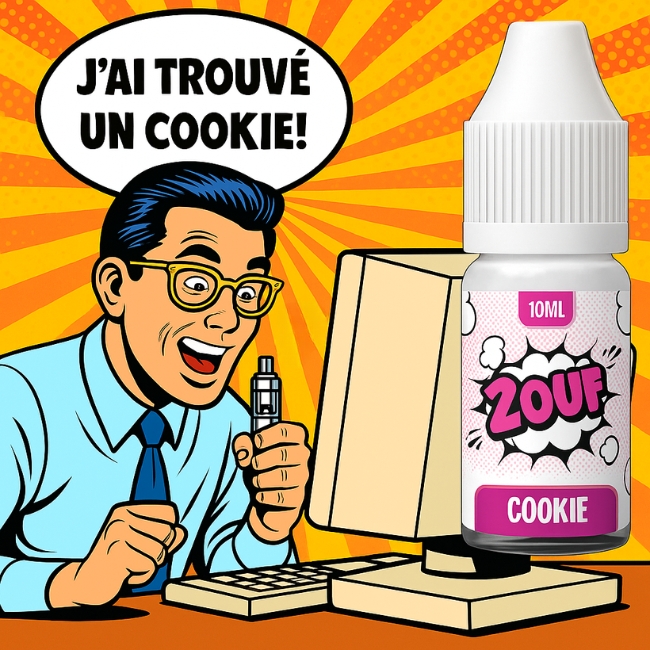 E-liquide 2OUF Cookie en style pop art, un homme enthousiaste devant son ordinateur s’exclame « J’ai trouvé un cookie !