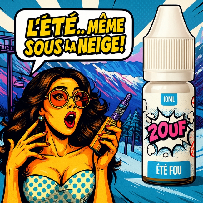 E-liquide 2OUF Été Fou — femme rétro étonnée avec vape en station de ski, bulle « L’été… même sous la neige ! », style pop art, bouteille à droite.