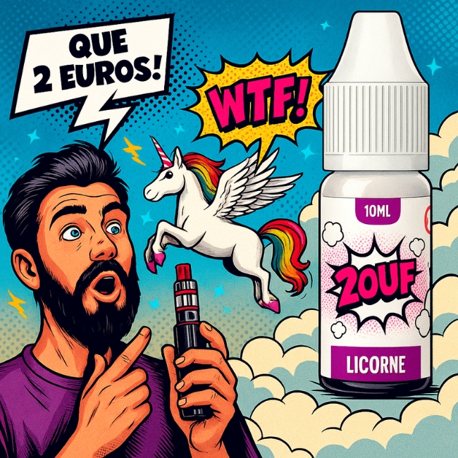 E-liquide 2OUF Licorne — homme surpris et licorne volante façon BD, bulles « QUE 2 EUROS ! » et « WTF! », nuages en fond, bouteille à droite.