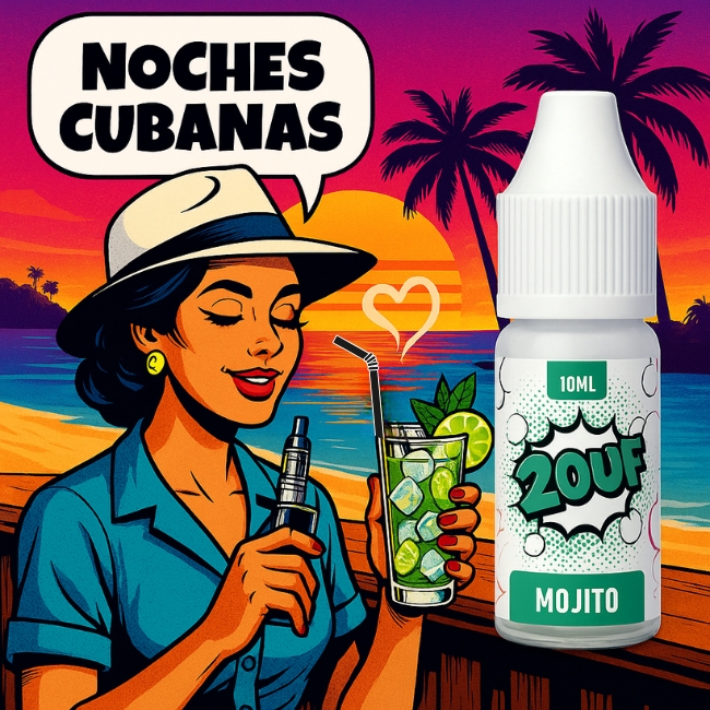 E-liquide 2OUF Mojito — “Noches Cubanas” en style pop art, femme rétro avec vape et verre de mojito devant un coucher de soleil tropical, bouteille à droite.