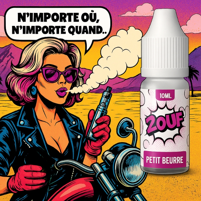 La Statue de la Liberté tenant une cigarette électronique et un pod. Derrière, le drapeau américain. À droite, une bouteille de e-liquide '2OUF' USA. Une bulle sortant de la statue dit 'LA LIBERTÉ À CHAQUE BOUFFEE!'