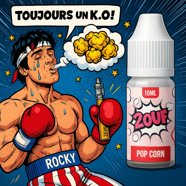 Illustration pop art style Rocky, un boxeur épuisé tenant une vape Pop Corn avec le texte « Toujours un K.O ! ».