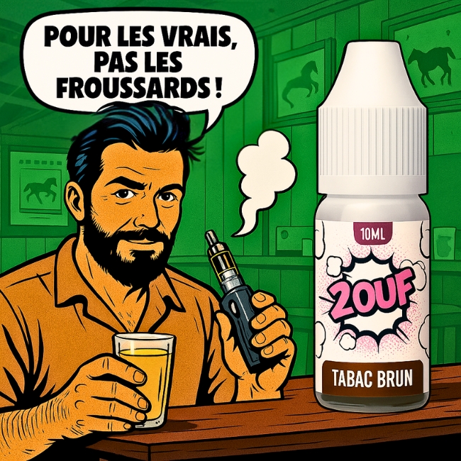 Illustration rétro pop art d’un homme barbu dans un PMU avec un verre de pastis et un e-liquide Tabac Brun, slogan « Pour les vrais, pas les froussards ! ».