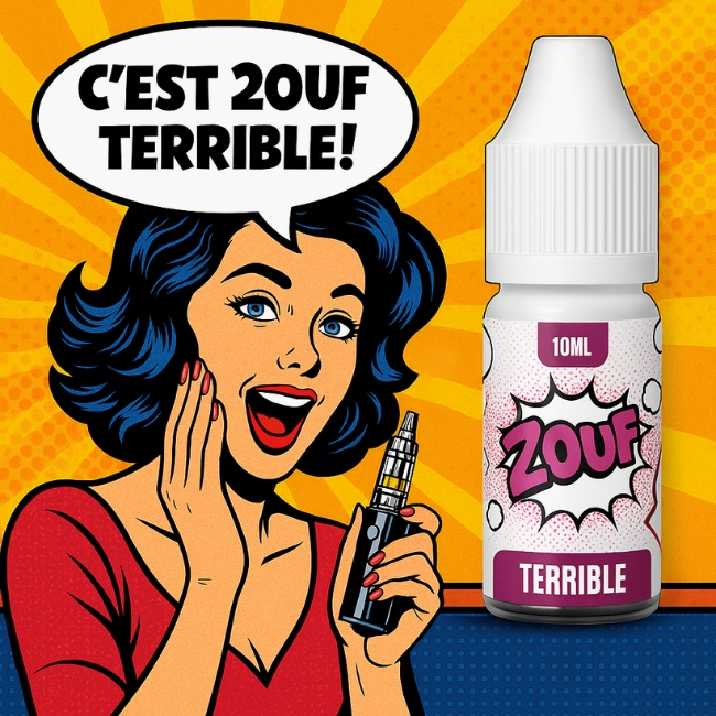 Illustration pop art d’une femme déclarant « C’est 2OUF terrible ! » avec un flacon d’e-liquide tabac.