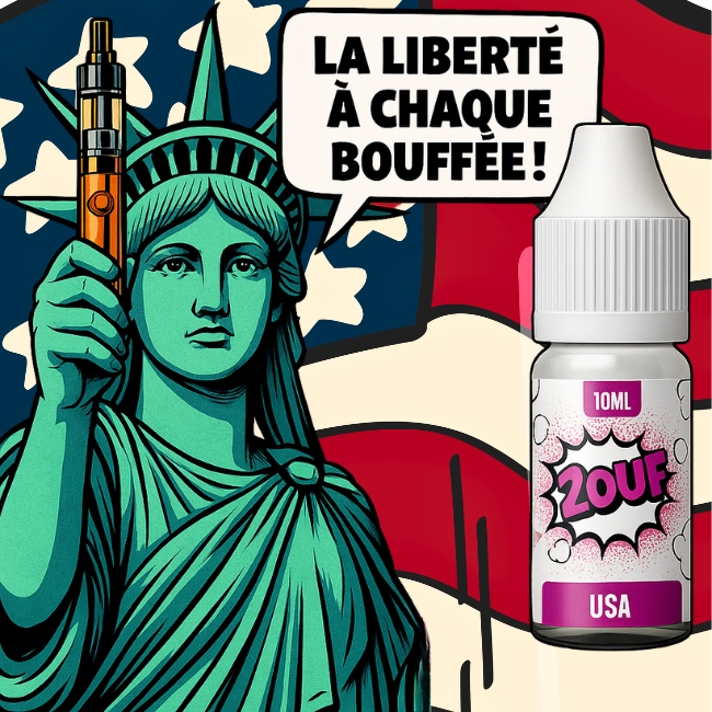 Statue de la Liberté en style pop art tenant une cigarette électronique, slogan « La liberté à chaque bouffée ! », flacon e-liquide USA.