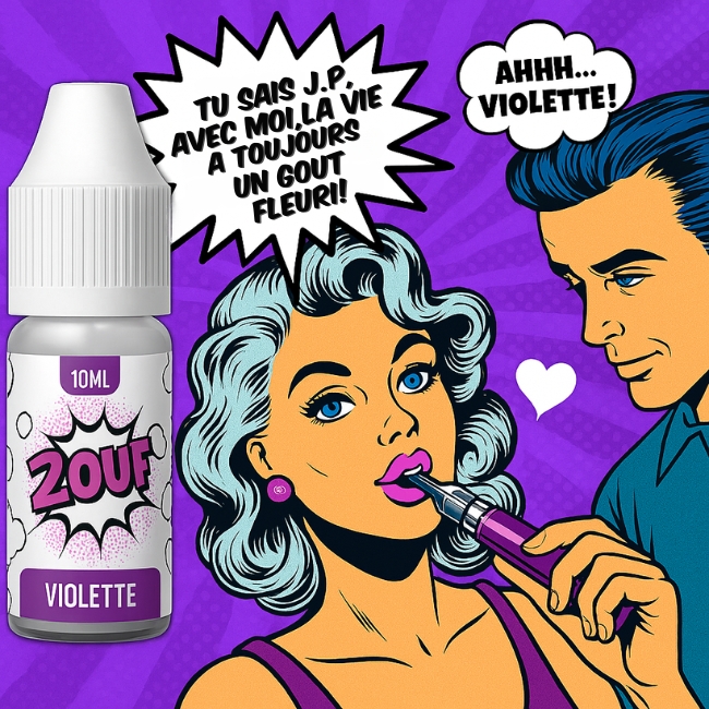 Couple en style pop art, une femme vapote violette en disant « La vie a toujours un goût fleuri », avec un flacon 2OUF Violette.