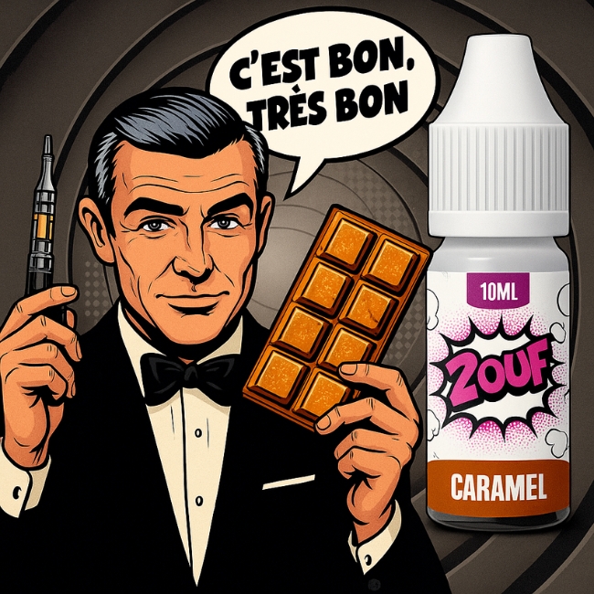 E-liquide 2OUF Caramel Beurre Salé en illustration pop art avec un agent secret tenant une tablette de caramel beurre salé