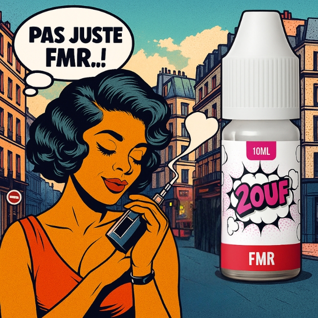 E-liquide 2OUF FMR en style pop art, femme élégante vapotant dans une rue parisienne