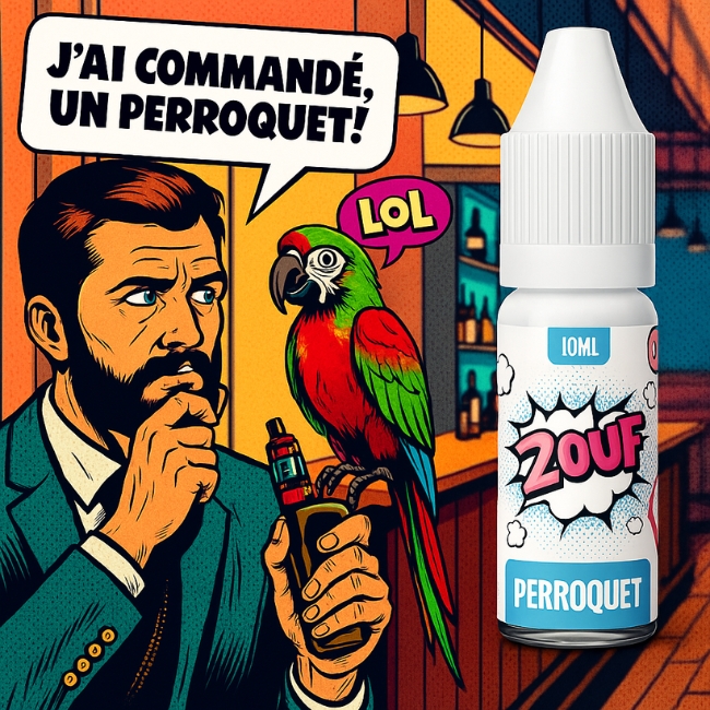 E-liquide 2OUF Perroquet en style BD, homme avec un perroquet coloré et une vape dans un bar