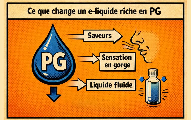 Illustration p&eacute;dagogique expliquant les effets d&rsquo;un e-liquide riche en PG sur les saveurs, la sensation en gorge et la fluidit&eacute; du liquide.
