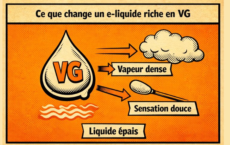 Illustration p&eacute;dagogique montrant l&rsquo;impact d&rsquo;un e-liquide riche en VG sur la production de vapeur, la sensation douce et l&rsquo;&eacute;paisseur du liquide.