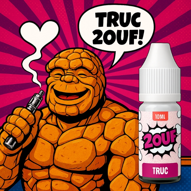 E-liquide 2OUF Truc en style pop art, personnage rocailleux de style La Chose, souriant avec une vape