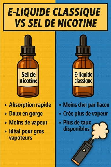Comparatif e-liquide classique vs e-liquide au sel de nicotine : avantages et différences.