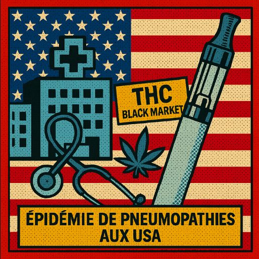 Illustration rétro style comic book : drapeau américain, hôpital et stéthoscope, vape pen avec mention THC Black Market, symbole cannabis, texte Épidémie de pneumopathies aux USA