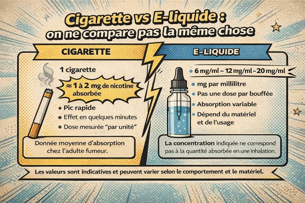 Schéma comparatif expliquant la différence entre nicotine absorbée par cigarette (1 à 2 mg) et concentration en mg/ml d’un e-liquide.