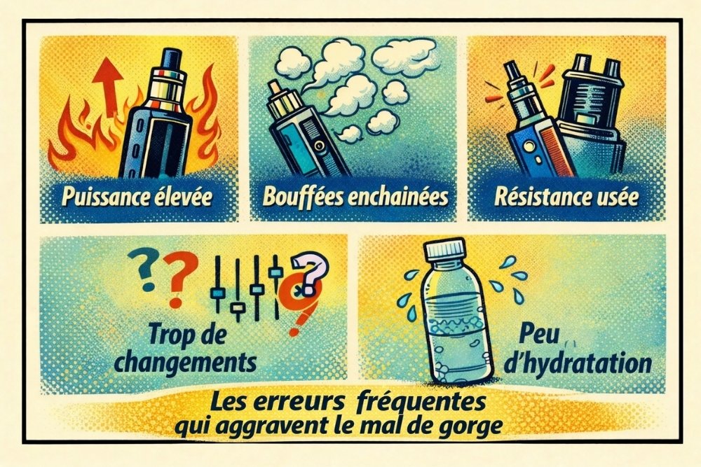 Illustration des erreurs fréquentes qui aggravent le mal de gorge avec la cigarette électronique : puissance trop élevée, bouffées enchaînées, résistance usée et manque d’hydratation
