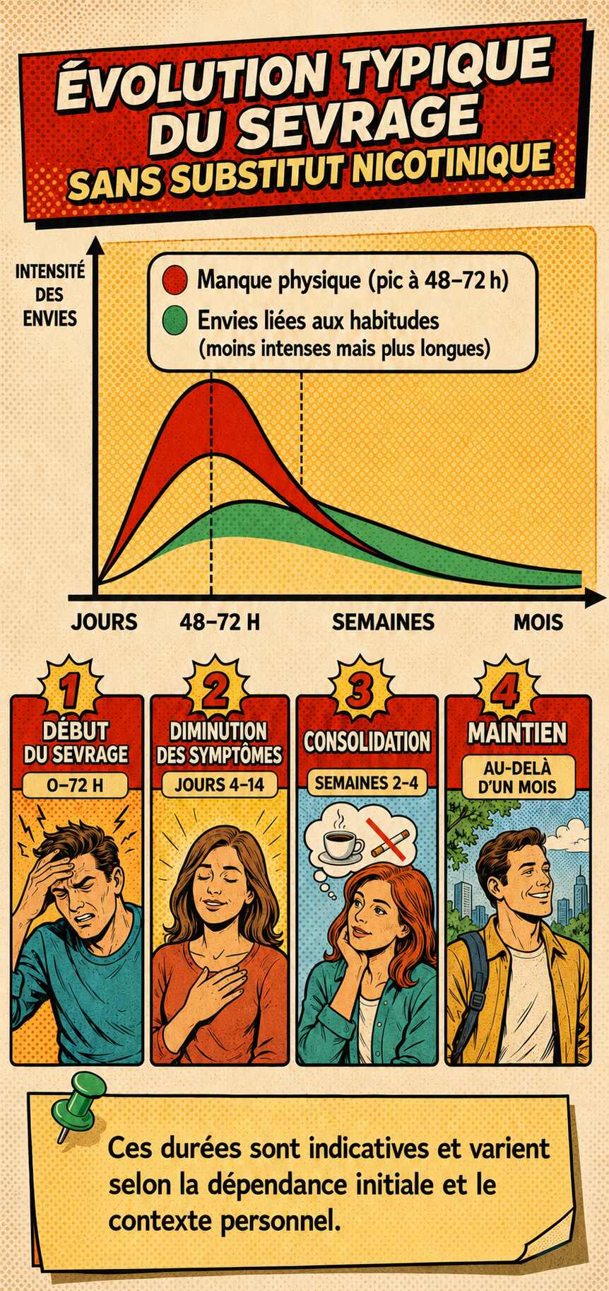 Infographie des quatre étapes du sevrage tabagique sans substitut nicotinique