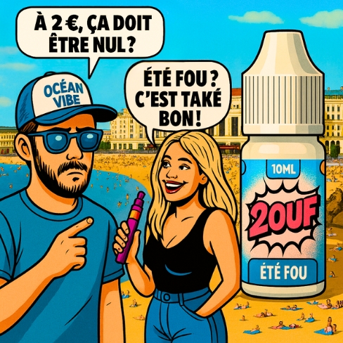 Illustration pop art d’un homme et d’une femme en style bande dessinée sur la plage de Biarritz, tenant une cigarette électronique 2OUF Été Fou, avec les bulles de dialogue humoristiques.