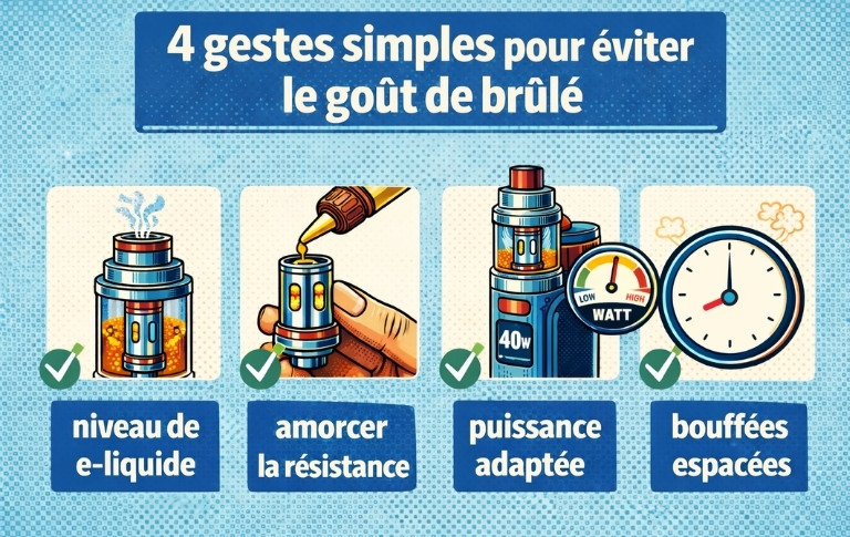 Infographie montrant 4 gestes pour &eacute;viter le go&ucirc;t de br&ucirc;l&eacute; avec une cigarette &eacute;lectronique : niveau de e-liquide, amorcer la r&eacute;sistance, puissance adapt&eacute;e et bouff&eacute;es espac&eacute;es