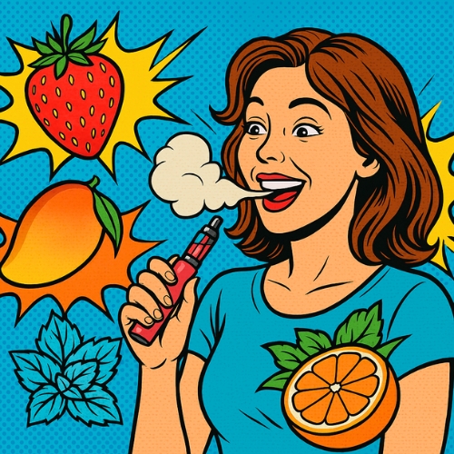 Illustration pop art d’une femme vapotant, entourée d’explosions de fruits colorés symbolisant des saveurs fruitées et mentholées.