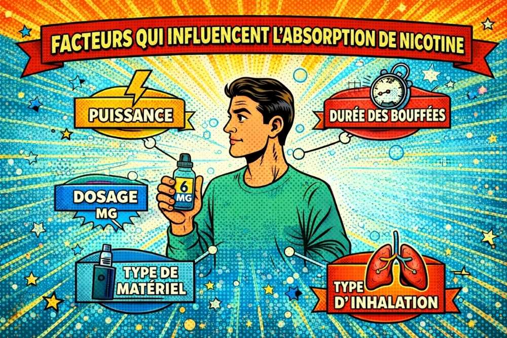 Illustration des facteurs qui influencent l’absorption de nicotine avec la cigarette électronique : puissance, durée des bouffées, dosage et type de matériel