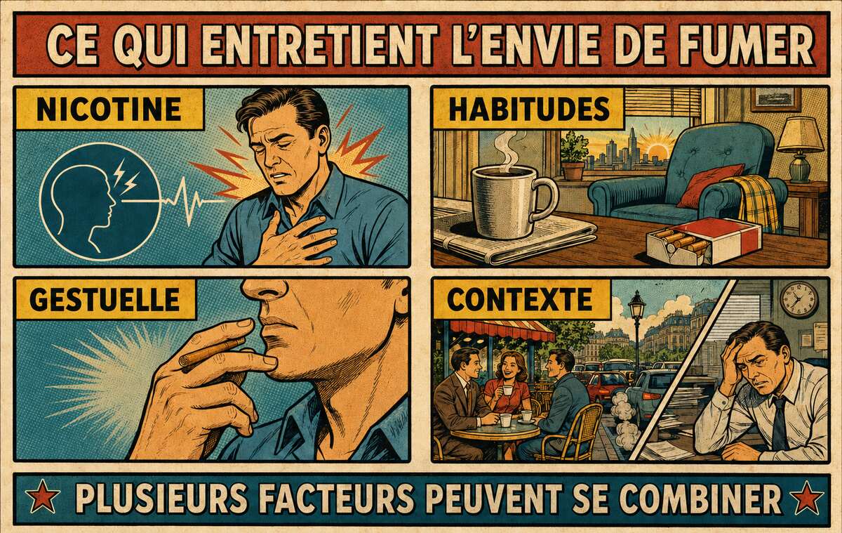 Illustration des facteurs qui entretiennent l&rsquo;envie de fumer : nicotine, habitudes, gestuelle et contexte