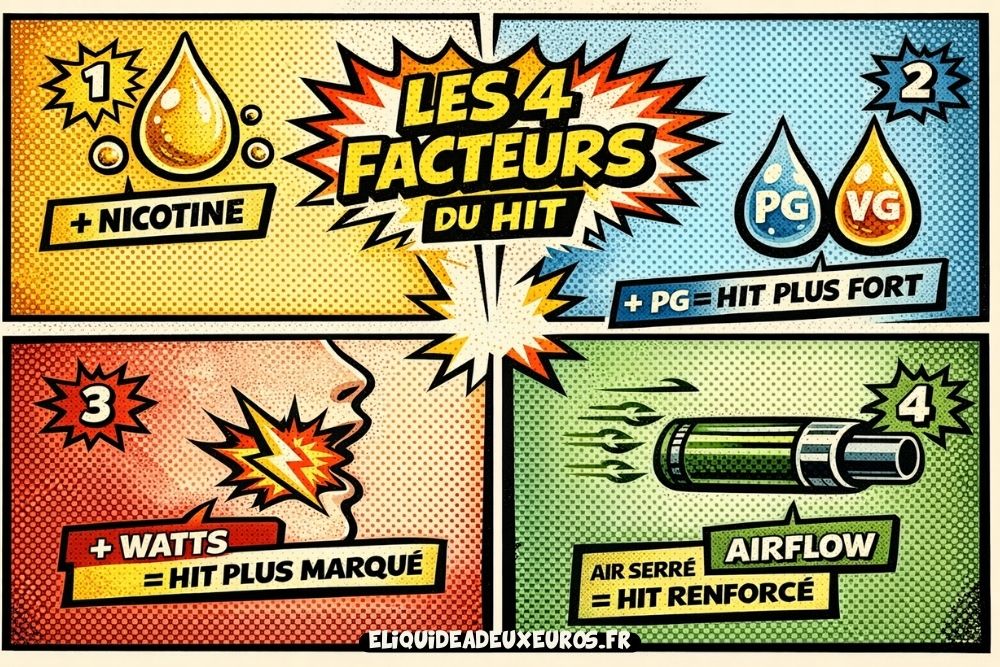 Infographie r&eacute;tro pop art pr&eacute;sentant les 4 facteurs du hit en cigarette &eacute;lectronique : nicotine, ratio PG/VG, puissance en watts et airflow, avec explications visuelles.