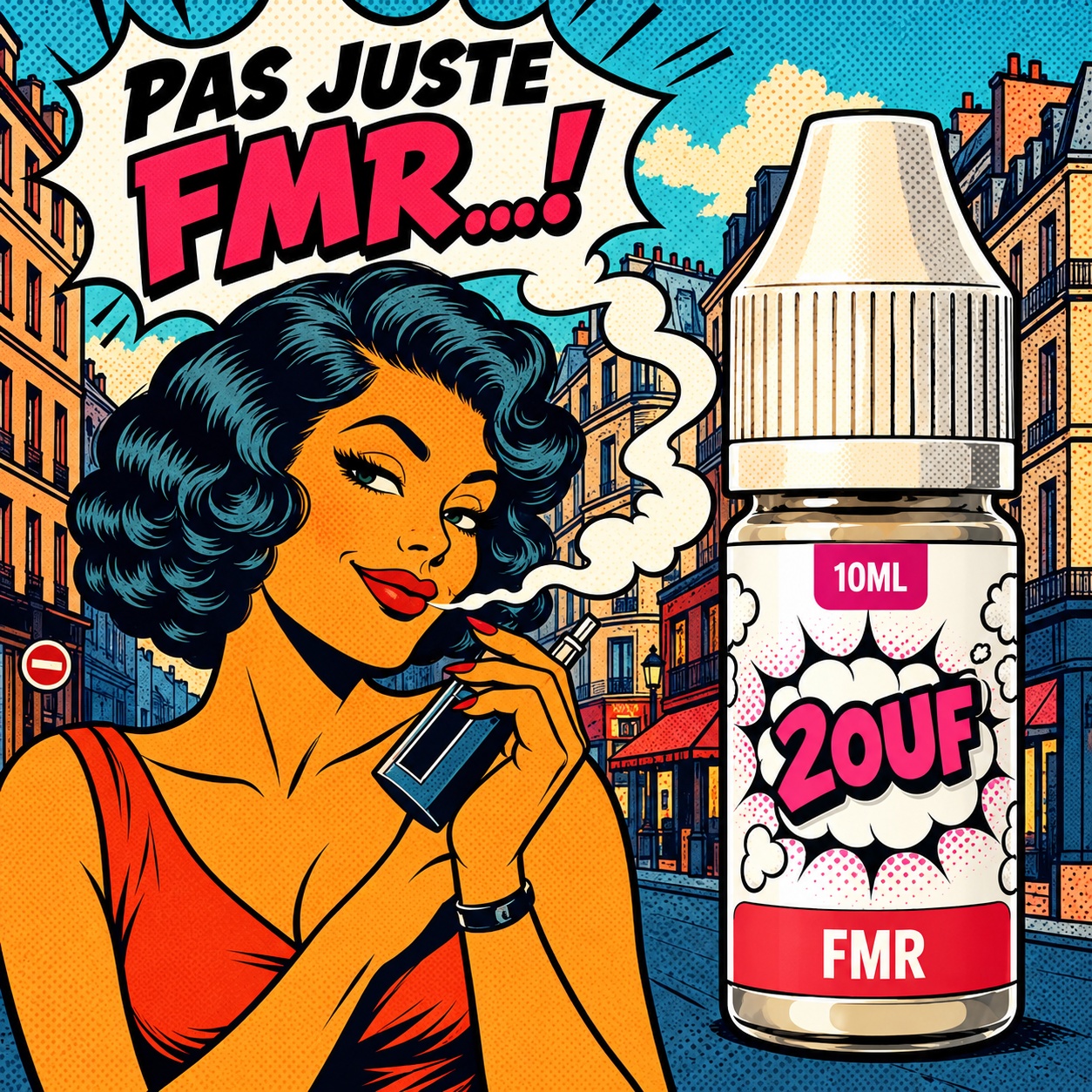 E-liquide 2OUF FMR en style pop art, femme élégante vapotant dans une rue parisienne
