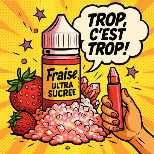 Flacon de e-liquide fraise ultra sucrée entouré de cristaux avec le texte "Trop, c’est trop !" dans un style BD pop-art.