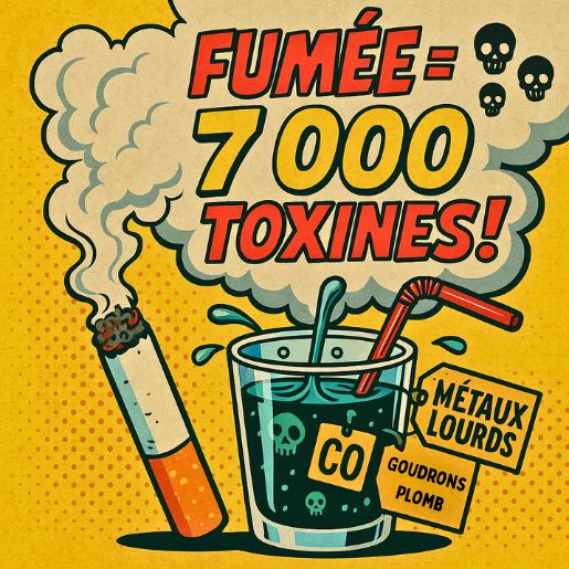 Illustration pop art montrant une cigarette allumée dégageant un nuage de fumée avec le texte “Fumée = 7 000 toxines !”, accompagnée d’un verre rempli d’un “cocktail toxique” étiqueté goudrons, plomb, CO et métaux lourds.