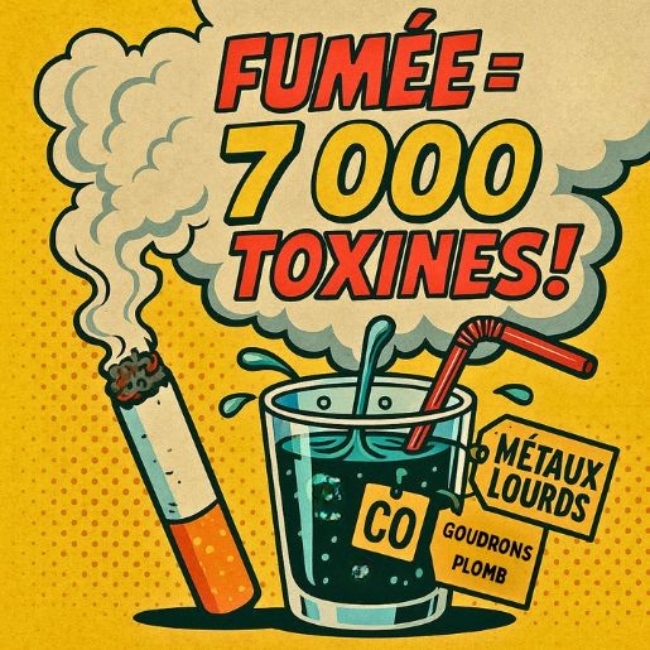 Illustration pop art montrant une cigarette allumée dégageant un nuage de fumée avec le texte “Fumée = 7 000 toxines !”, accompagnée d’un verre rempli d’un “cocktail toxique” étiqueté goudrons, plomb, CO et métaux lourds.