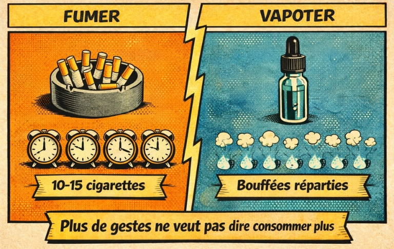 Illustration comparant le fait de fumer et de vapoter, montrant que des gestes plus fr&eacute;quents ne signifient pas forc&eacute;ment une consommation plus &eacute;lev&eacute;e.