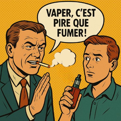 un vieux fumeur ridé avec une cigarette affirme « Vaper, c’est pire que fumer ! » tandis qu’un jeune homme avec une vape se montre surpris.