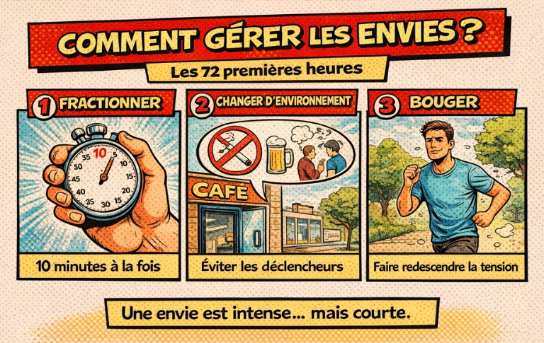 Illustration en style bande dessin&eacute;e montrant comment g&eacute;rer les envies pendant les 72 premi&egrave;res heures d&rsquo;un sevrage tabagique sans substitut : fractionner le temps, &eacute;viter les d&eacute;clencheurs et bouger.