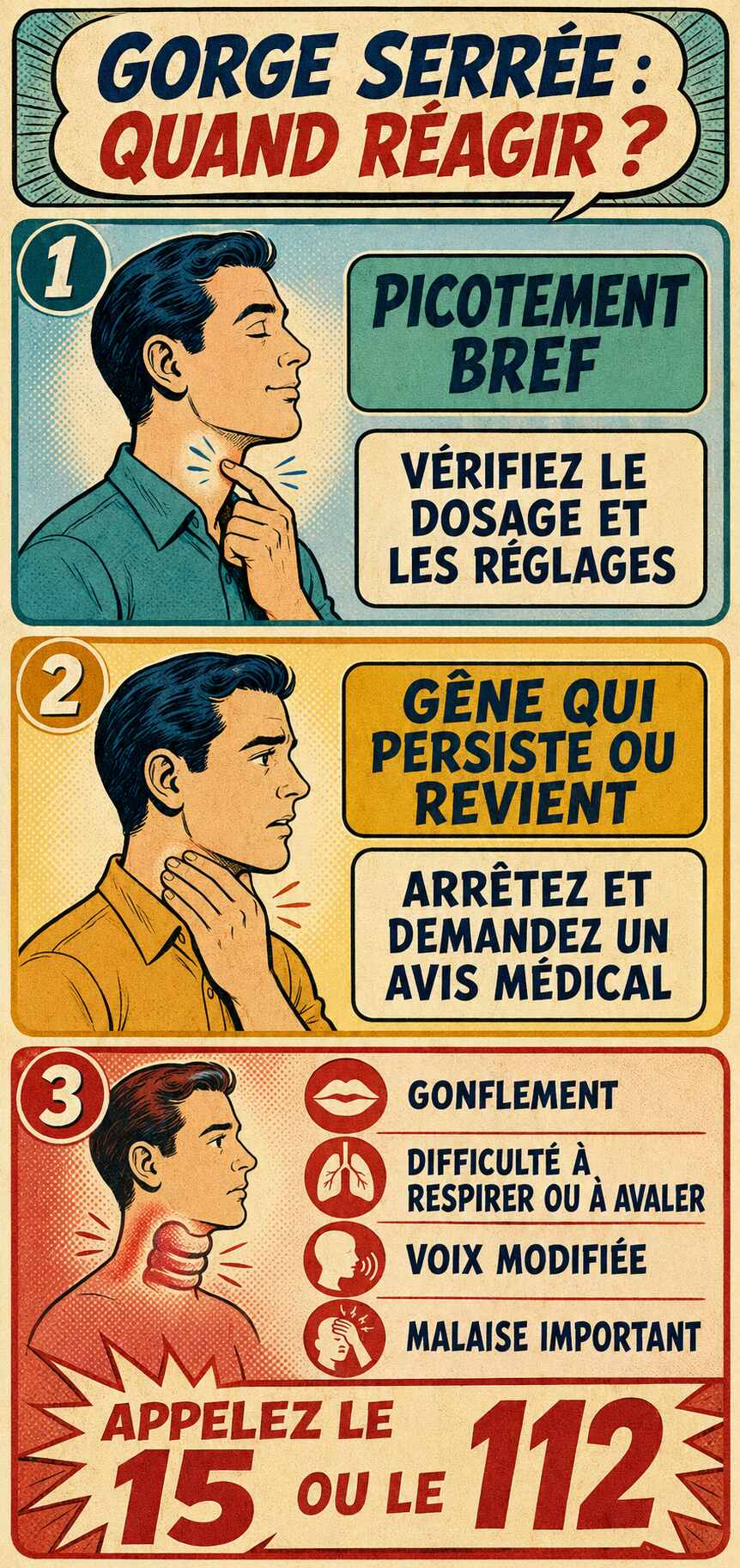 Illustration distinguant un picotement bref, une gêne persistante et les signes nécessitant d’appeler le 15 ou le 112