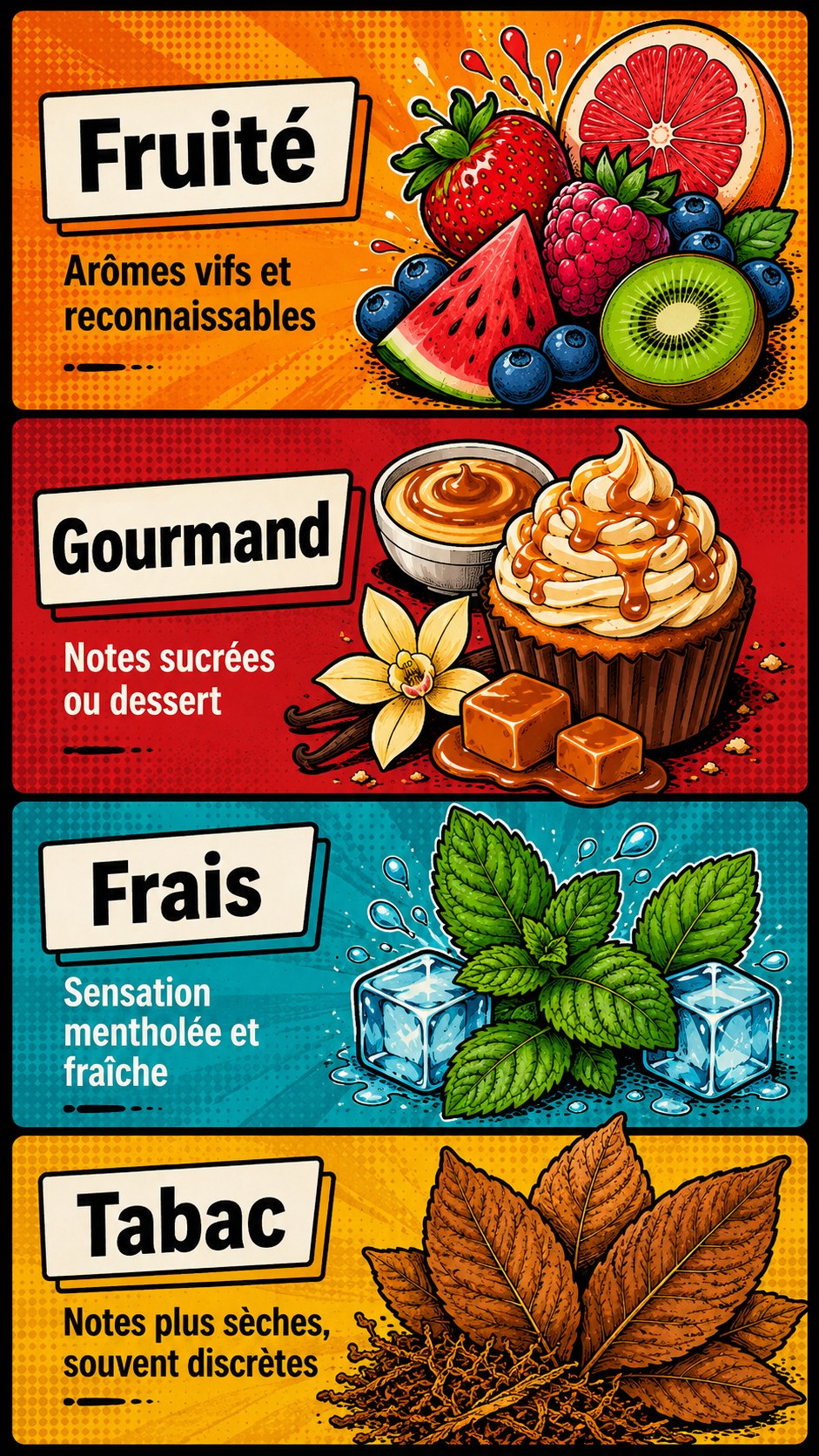 Exemples d’arômes de e-liquides fruités, gourmands, frais et tabac et leur perception olfactive