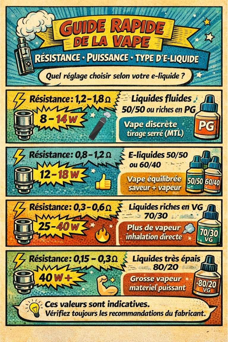Guide visuel : quelle r&eacute;sistance choisir pour cigarette &eacute;lectronique selon le ratio PG/VG et la puissance en watts.
