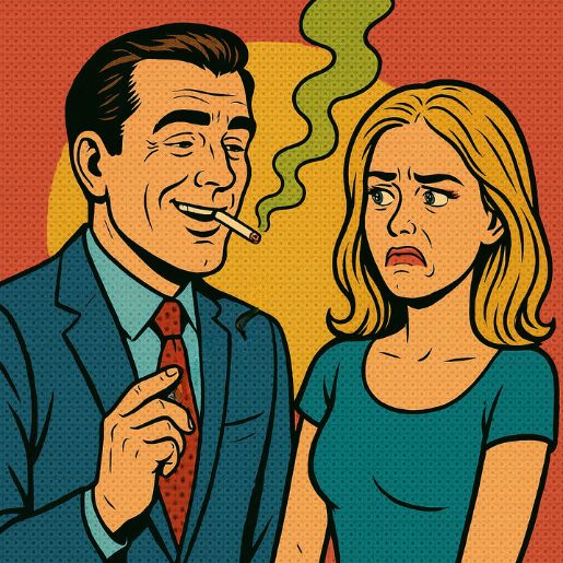 Homme souriant avec une cigarette dégageant de la fumée verte, regardé avec dégoût par une femme, dans un style bande dessinée rétro.