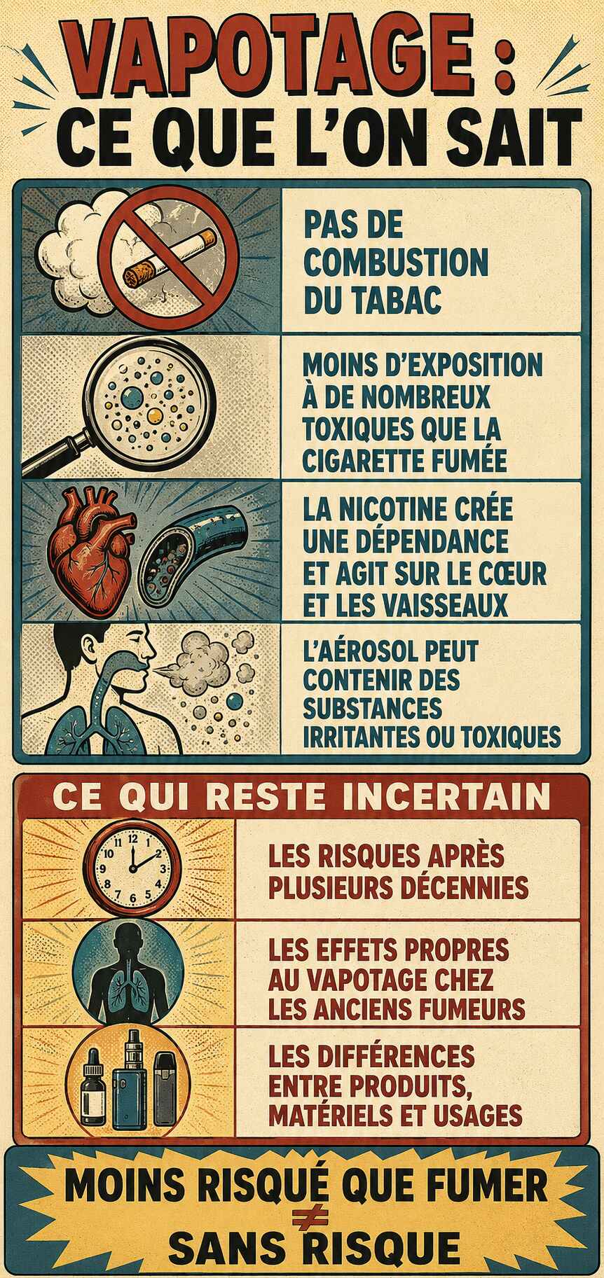 Infographie r&eacute;sumant les connaissances et incertitudes scientifiques sur le vapotage