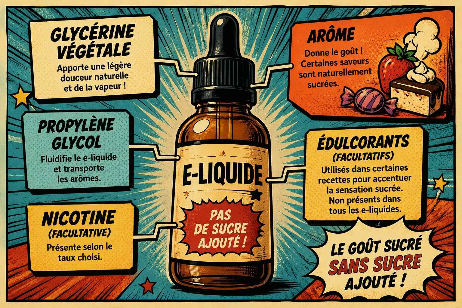 Infographie style BD rétro montrant la composition d'un e-liquide : glycérine végétale, propylène glycol, arômes, nicotine (facultative) et édulcorants, expliquant l'origine du goût sucré sans sucre ajouté.