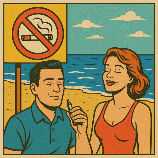 Homme et femme vapotant tranquillement sur une plage sous un panneau d’interdiction de fumer, dans un style bande dessinée rétro.
