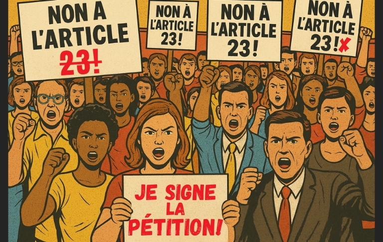 Illustration pop art d&rsquo;une foule en col&egrave;re brandissant des pancartes &laquo; Non &agrave; l&rsquo;article 23 ! &raquo; et &laquo; Je signe la p&eacute;tition ! &raquo; pour d&eacute;fendre la vape, dans un style BD vintage avec couleurs vives et contours marqu&eacute;s.
