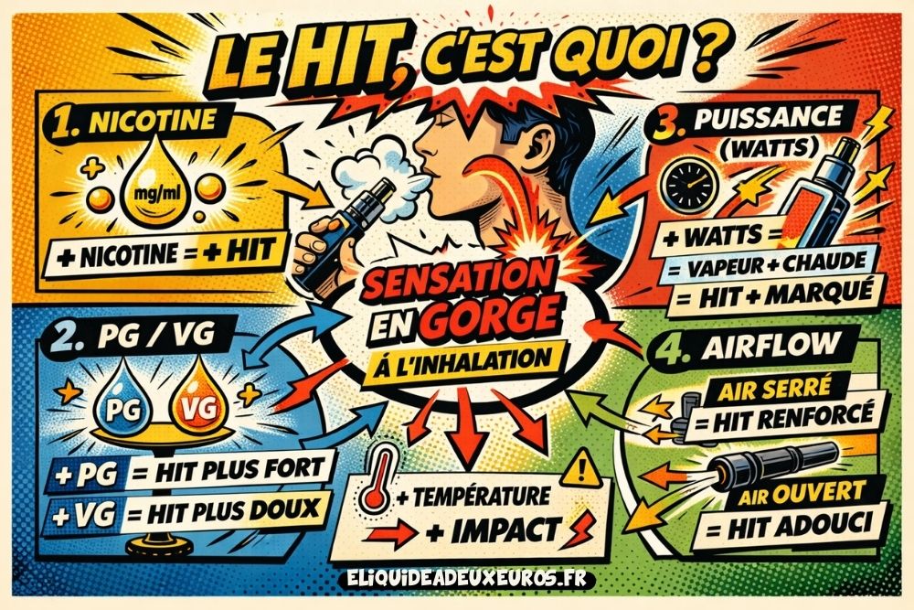 Illustration p&eacute;dagogique en style bande dessin&eacute;e r&eacute;tro expliquant le hit en cigarette &eacute;lectronique, d&eacute;fini comme une sensation en gorge &agrave; l&rsquo;inhalation, influenc&eacute;e par la nicotine, le ratio PG/VG, la puissance et l&rsquo;airflow.