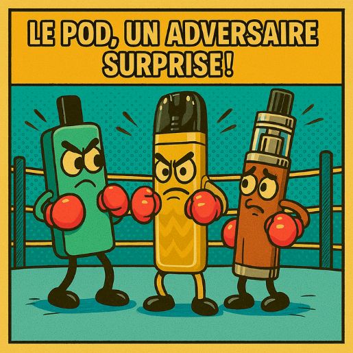 Le pod entre dans le ring avec un air menaçant, tandis que la puff et la cigarette électronique semblent inquiètes – illustration BD rétro